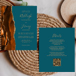 Budget Rust Gold Aquamarin QR Code Einladung Hochz<br><div class="desc">Rett die Kosten für das Drucken und Verschicken separater RSVP-Karten mit dieser eleganten, modernen All-in-One-Hochzeitseinladung. Die links Kante besteht aus einem gelb-orangen und rostfarbenen Wasserfarbstreifen, der mit goldenen Imitaten Glitzer bestickt ist. Der anpassbare Text kombiniert goldfarbene Handschrift, Copperplate und kursiv Schriftart auf einem aquamarinen blauen Hintergrund. Die Rückseite bietet Platz...</div>