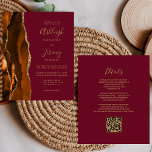 Budget Rust Gold Burgund QR Code Hochzeit einladen<br><div class="desc">Rett die Kosten für das Drucken und Verschicken separater RSVP-Karten mit dieser eleganten, modernen All-in-One-Hochzeitseinladung. Die links Kante besteht aus einem gelb-orangen und rostfarbenen Wasserfarbstreifen, der mit goldenen Imitaten Glitzer bestickt ist. Der anpassbare Text kombiniert goldfarbene Handschrift, Copperplate und kursiv Schriftart auf bordeauxrotem Hintergrund. Die Rückseite bietet Platz für Hochzeitsdetails...</div>