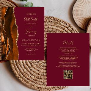 Budget Rust Gold Burgund QR-Code Hochzeits-Einladu