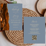 Budget Rust Gold Dusty Blue QR Code Hochzeit<br><div class="desc">Rett die Kosten für das Drucken und Verschicken separater RSVP-Karten mit dieser eleganten, modernen All-in-One-Hochzeitseinladung. Die links Kante besteht aus einem gelb-orangen und rostfarbenen Wasserfarbstreifen, der mit goldenen Imitaten Glitzer bestickt ist. Der individuell anpassbare Text kombiniert blassgoldene Handschrift, Copperplate und kursiv Schriftart auf einem staubblauen Hintergrund. Die Rückseite bietet Platz...</div>