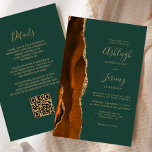 Budget Rust Gold Green QR Code Einladung Hochzeits<br><div class="desc">Rett die Kosten für das Drucken und Verschicken separater RSVP-Karten mit dieser eleganten, modernen All-in-One-Hochzeitseinladung. Die links Kante besteht aus einem gelb-orangen und rostfarbenen Wasserfarbstreifen, der mit goldenen Imitaten Glitzer bestickt ist. Der anpassbare Text kombiniert goldfarbene Handschrift, Copperplate und kursiv Schriftart auf einem smaragdgrünen Hintergrund. Die Rückseite bietet Platz für...</div>