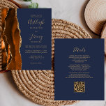 Budget Rust Gold Navy Blue QR Code Hochzeit einlad<br><div class="desc">Rett die Kosten für das Drucken und Verschicken separater RSVP-Karten mit dieser eleganten, modernen All-in-One-Hochzeitseinladung. Die links Kante besteht aus einem gelb-orangen und rostfarbenen Wasserfarbstreifen, der mit goldenen Imitaten Glitzer bestickt ist. Der anpassbare Text kombiniert goldfarbene Handschrift, Copperplate und kursiv Schriftart auf marinebasischem Hintergrund. Die Rückseite bietet Platz für Hochzeitsdetails...</div>