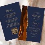 Budget Rust Gold Navy Blue QR Code Hochzeit einlad<br><div class="desc">Rett die Kosten für das Drucken und Verschicken separater RSVP-Karten mit dieser eleganten, modernen All-in-One-Hochzeitseinladung. Die links Kante besteht aus einem gelb-orangen und rostfarbenen Wasserfarbstreifen, der mit goldenen Imitaten Glitzer bestickt ist. Der anpassbare Text kombiniert goldfarbene Handschrift, Copperplate und kursiv Schriftart auf marinebasischem Hintergrund. Die Rückseite bietet Platz für Hochzeitsdetails...</div>