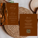 Budget Rust Gold Nutmeg QR Code Einladung Hochzeit<br><div class="desc">Rett die Kosten für das Drucken und Verschicken separater RSVP-Karten mit dieser eleganten, modernen All-in-One-Hochzeitseinladung. Die links Kante besteht aus einem gelb-orangen und rostfarbenen Wasserfarbstreifen, der mit goldenen Imitaten Glitzer bestickt ist. Der anpassbare Text kombiniert goldfarbene Handschrift, Copperplate und kursiv Schriftart auf einem nussbraunen Hintergrund. Die Rückseite bietet Platz für...</div>