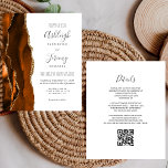 Budget Rust Gold White QR Code Einladung Hochzeits<br><div class="desc">Rett die Kosten für das Drucken und Verschicken separater RSVP-Karten mit dieser eleganten, modernen All-in-One-Hochzeitseinladung. Die links Kante besteht aus einem gelb-orangen und rostfarbenen Wasserfarbstreifen, der mit goldenen Imitaten Glitzer bestickt ist. Der individuell anpassbare Text kombiniert handgeschriebene Holzkohle, Kupferplatte und kursiv Schriftart auf weißem Hintergrund. Die Rückseite bietet Platz für...</div>