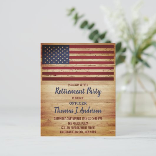 Budget Rustic American Flag Retirement Party Invit (Stehend Vorderseite)