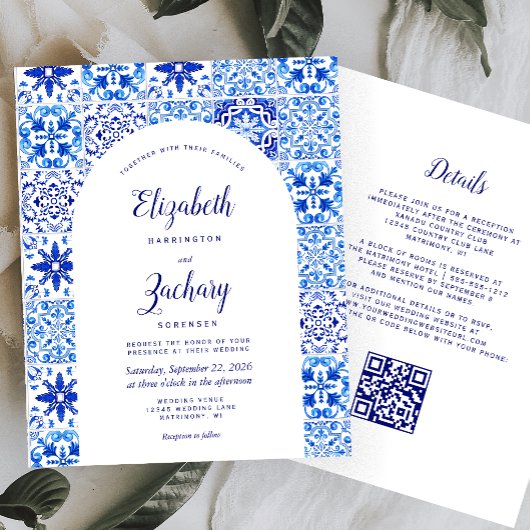 Budget Rustic Arch Blue Azulejos QR Code Wedding