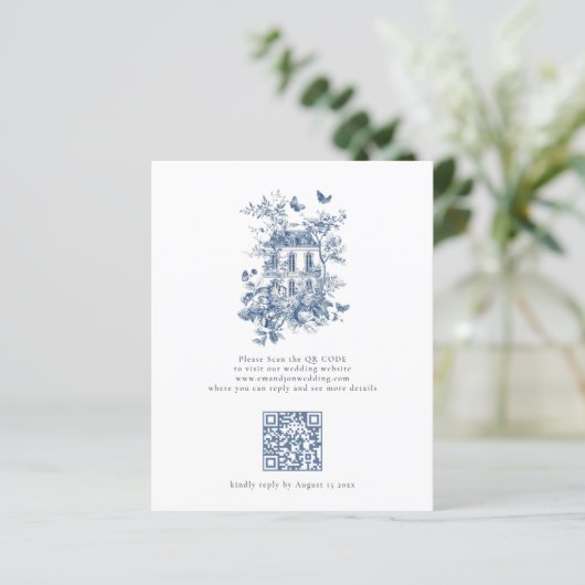 Budget Rustic Blue Toile De Jouy QR Code Wedding (Stehend Vorderseite)