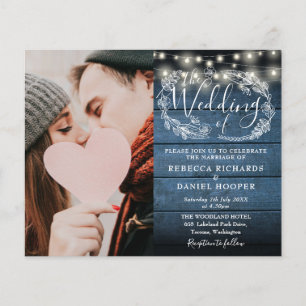 Budget Rustic Blue Wood Foto Hochzeit Einladung