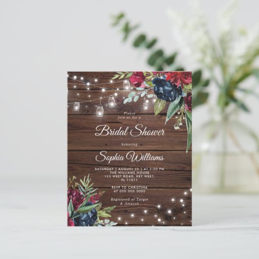 Budget Rustic Burgundy Bridal Dusche Einladung (Stehend Vorderseite)