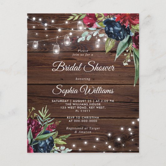 Budget Rustic Burgundy Bridal Dusche Einladung (Vorderseite)