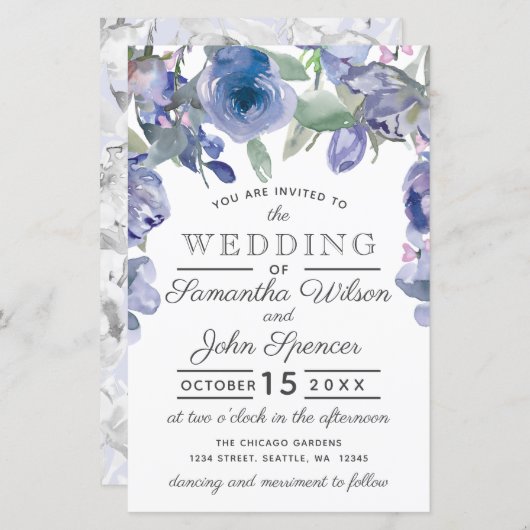 Budget Rustic Dusty Blue Floral Wedding Einladung (Vorne/Hinten)