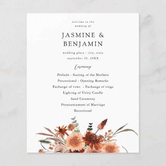 Budget Rustic Earth Florals Hochzeitsprogramm (Vorderseite)