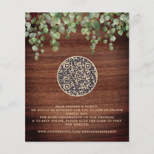 Budget Rustic Eucalyptus QR Code Wedite Einladung (Rückseite)