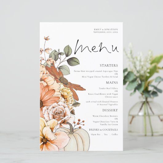 Budget Rustic Fall Florals Pumpkin Wedding Menü (Stehend Vorderseite)