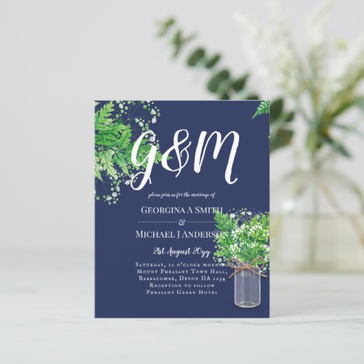BUDGET Rustic Ferns Greenery Blue Wedding Einladun (Stehend Vorderseite)