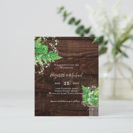 BUDGET Rustic Ferns Greenery Chic Wedding Einladun (Stehend Vorderseite)