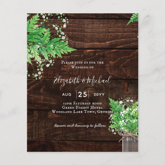 BUDGET Rustic Ferns Greenery Chic Wedding Einladun (Vorderseite)