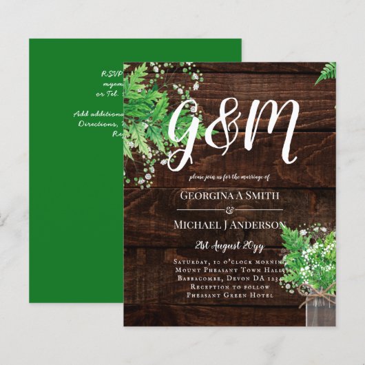 BUDGET Rustic Ferns Greenery Chic Wedding Einladun (Vorne/Hinten)