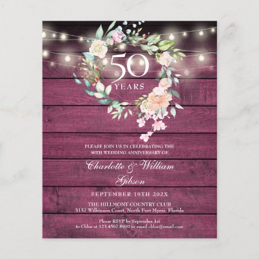Budget Rustic Floral 50 Jahre Foto Einladung (Vorderseite)