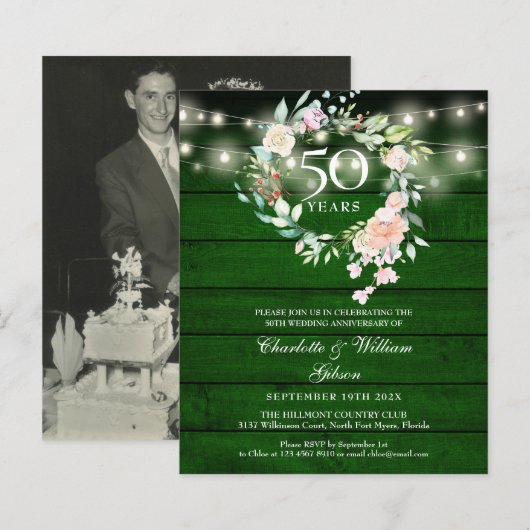 Budget Rustic Floral 50 Jahre Foto Einladung (Vorne/Hinten)