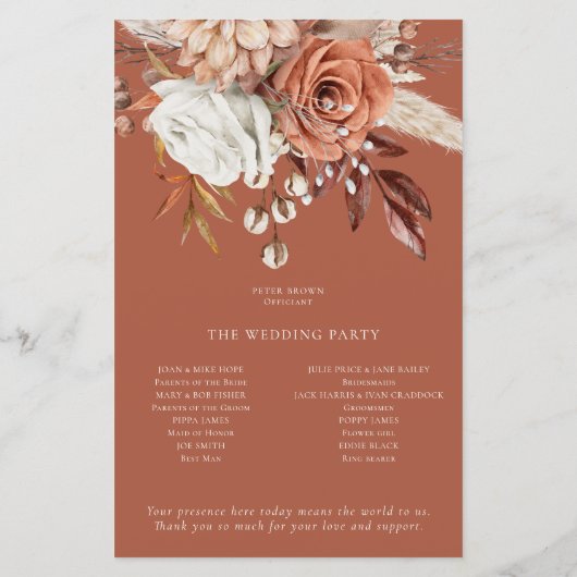 Budget Rustic Florals Terracotta Wedding Programm (Rückseite)