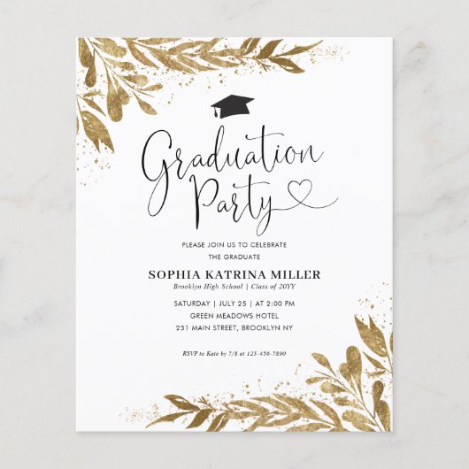 Budget Rustic Gold Floral Sparkle Graduation Party (Vorderseite)