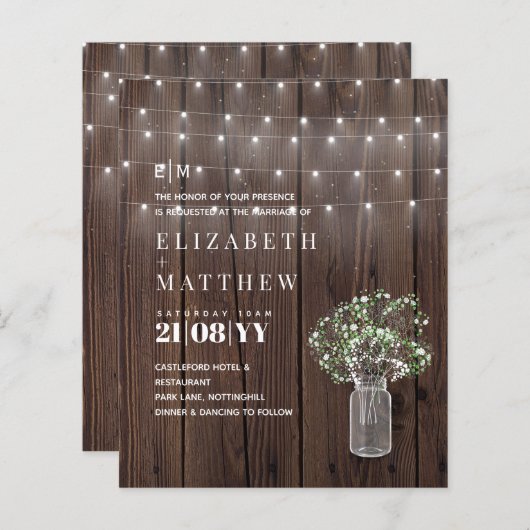 BUDGET Rustic Lights Mason Jar Gypsophila Einladun (Vorne/Hinten)