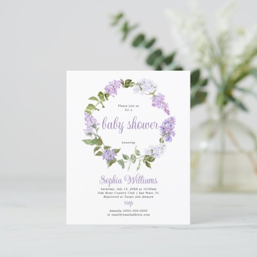 Budget Rustic Lilac Blume Kinderdusche Einladung (Stehend Vorderseite)