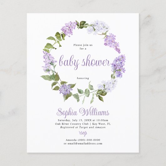 Budget Rustic Lilac Blume Kinderdusche Einladung (Vorderseite)