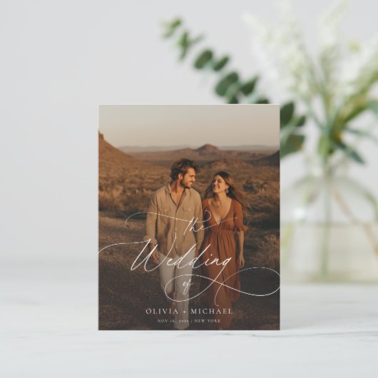 Budget Rustic Script Boho Foto Wedites Einladungen (Stehend Vorderseite)