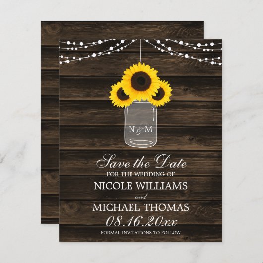 Budget Rustic Sonnenblume Mason Jar Save the Date (Vorne/Hinten)