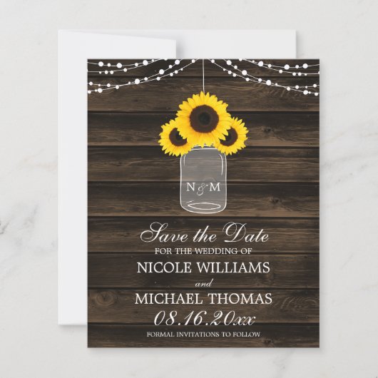 Budget Rustic Sonnenblume Mason Jar Save the Date (Vorderseite)