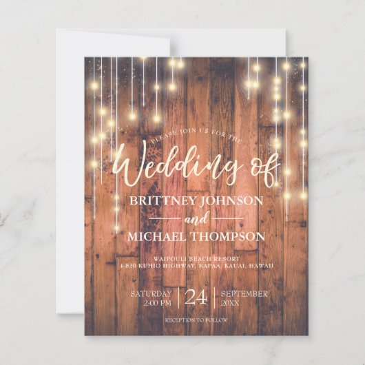 Budget Rustic String Lights Woo Wedding Einladung (Vorderseite)