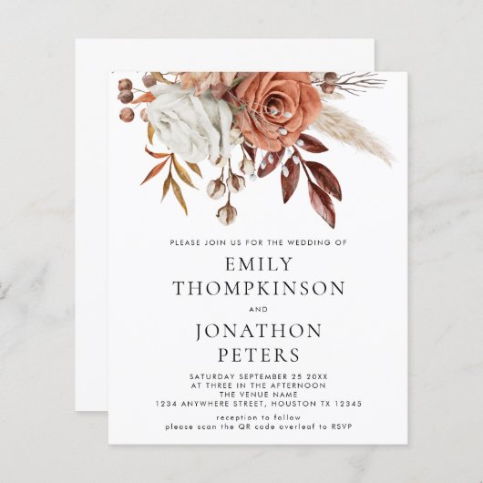 Budget Rustic Terracotta Floral QR Code Hochzeit (Vorne/Hinten)