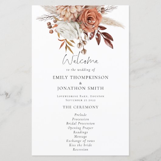 Budget Rustic Terracotta Florals Hochzeitsprogramm (Vorderseite)