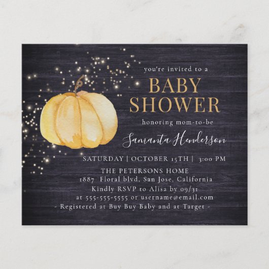 Budget Rustic Wood Pumpkin Glittering Baby Dusche (Vorderseite)