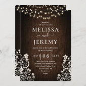 Budget Rustic Woodsy Lights Lace Wood Wedding Einladung (Vorne/Hinten)