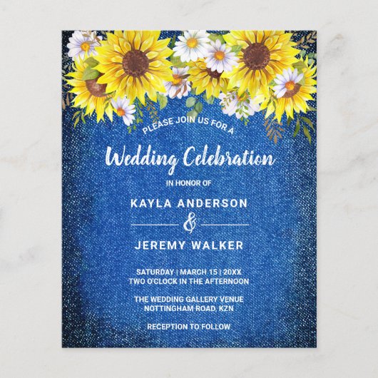 Budget rustikal blauen Sonnenblumen Hochzeit einla (Vorderseite)