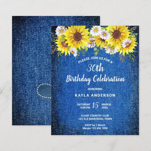 Budget rustikal blauer Sonnenblumen Einladung (Vorne/Hinten)