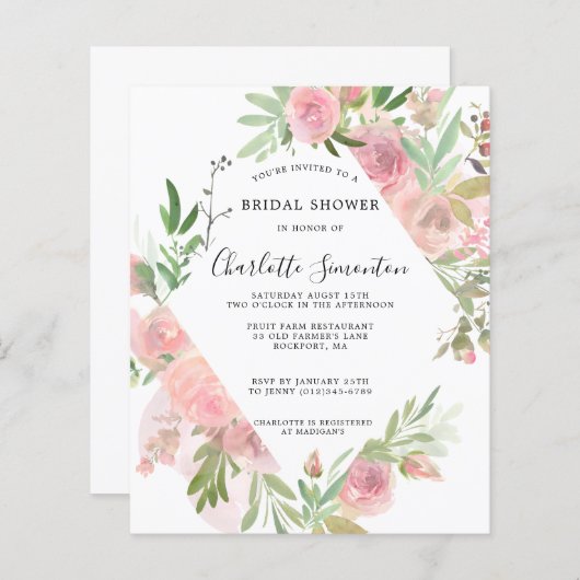 Budget Rustikal rosa Blumendusche Einladung (Vorne/Hinten)