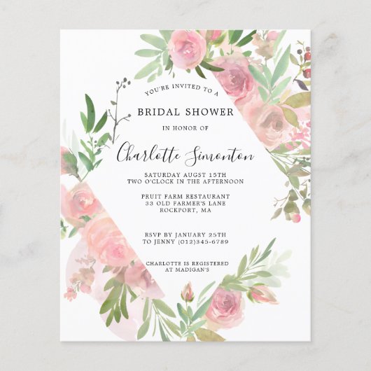 Budget Rustikal rosa Blumendusche Einladung (Vorderseite)