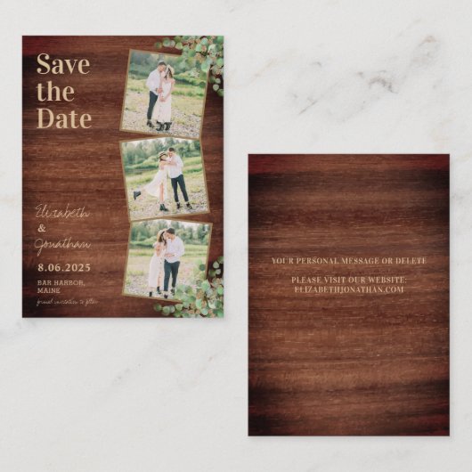 Budget Rustikale 3 Foto Hochzeit speichern das Dat Mitteilungskarte (Vorne/Hinten)