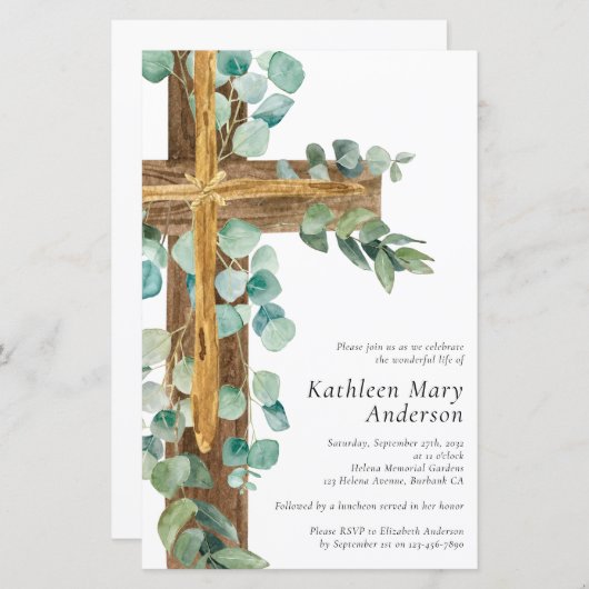 Budget Rustikale Eukalyptus Cross Gedächtniseinlad (Vorne/Hinten)