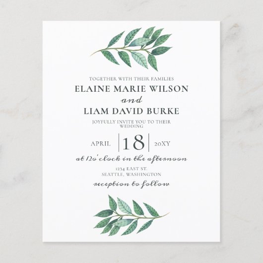 Budget Rustikale Grünpflanzen Einladung Hochzeit (Vorderseite)