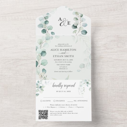 Budget Rustikale Grünpflanzen Eukalyptus Sage Wedd All In One Einladung (Innen Boden)