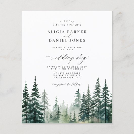 Budget rustikale Kiefernwald Hochzeit Einladung Flyer (Vorne)