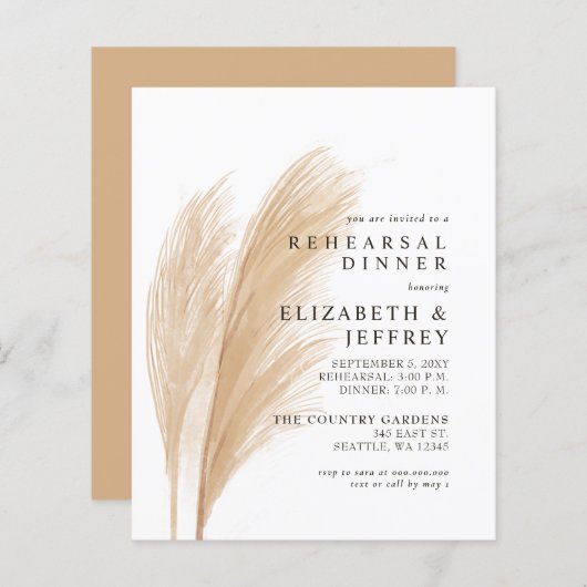 Budget Rustikale Pampas Probe Abendessen Einladung (Vorne/Hinten)