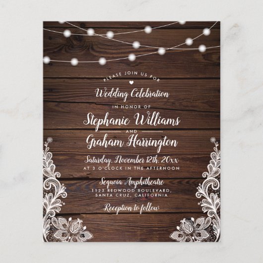 Budget Rustikale Skriptstring Lights & Lace Weddin (Vorderseite)