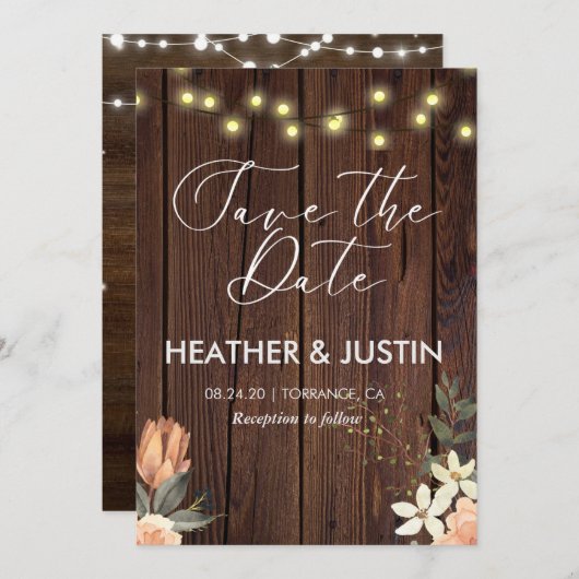 Budget Rustikale Skriptstring Lights & Lace Weddin Save The Date (Vorne/Hinten)